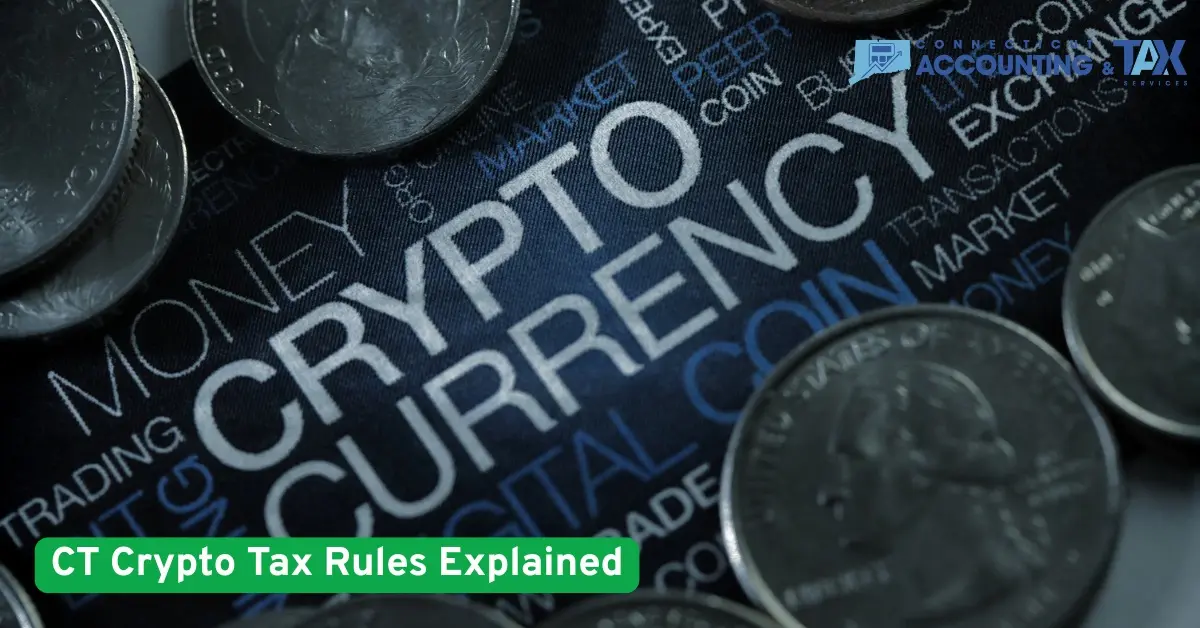 Cryptocurrency text with coins around it, illustrating Connecticut crypto tax rules and digital asset taxation guidelines