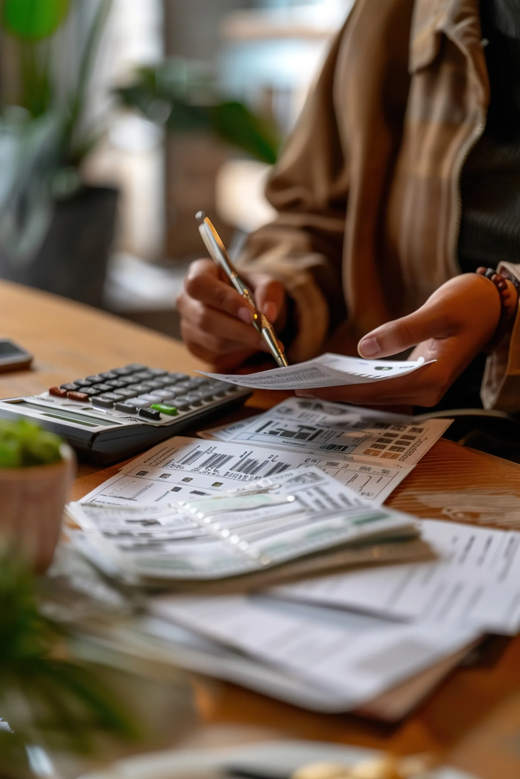 Person reviewing receipts and invoices with calculator and pen at a desk, checking expenses and financial records for audit preparation