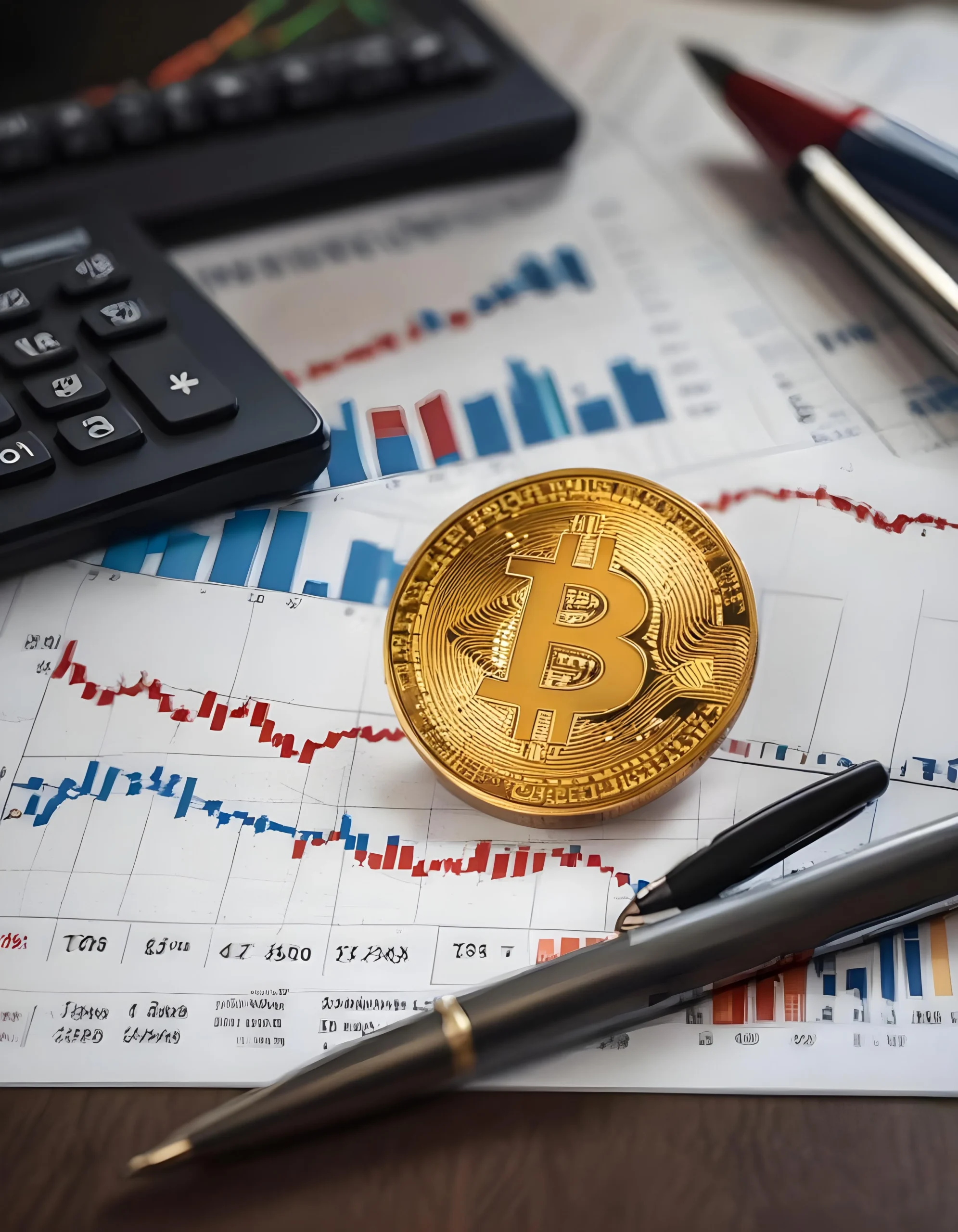 Gold Bitcoin coin on printed financial charts with calculator and pen, symbolizing cryptocurrency investment market analysis