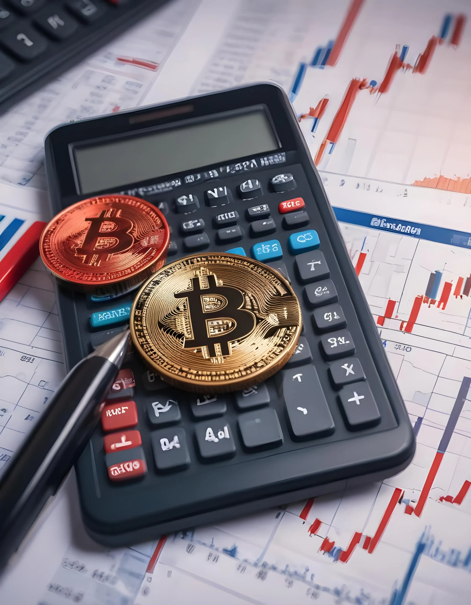 Bitcoin coins on calculator with pen over stock charts, representing cryptocurrency price analysis, trading calculations