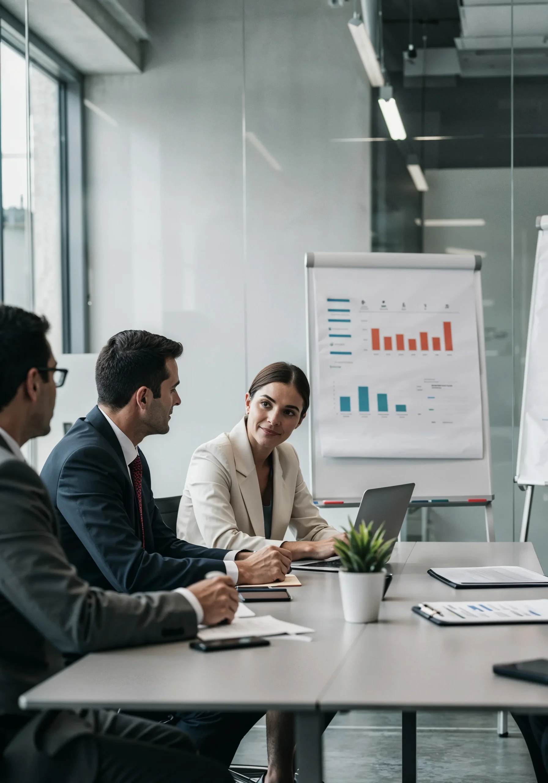 Business team meeting in modern office reviewing charts on a board and laptop, discussing financial performance, strategy, and planning decisions