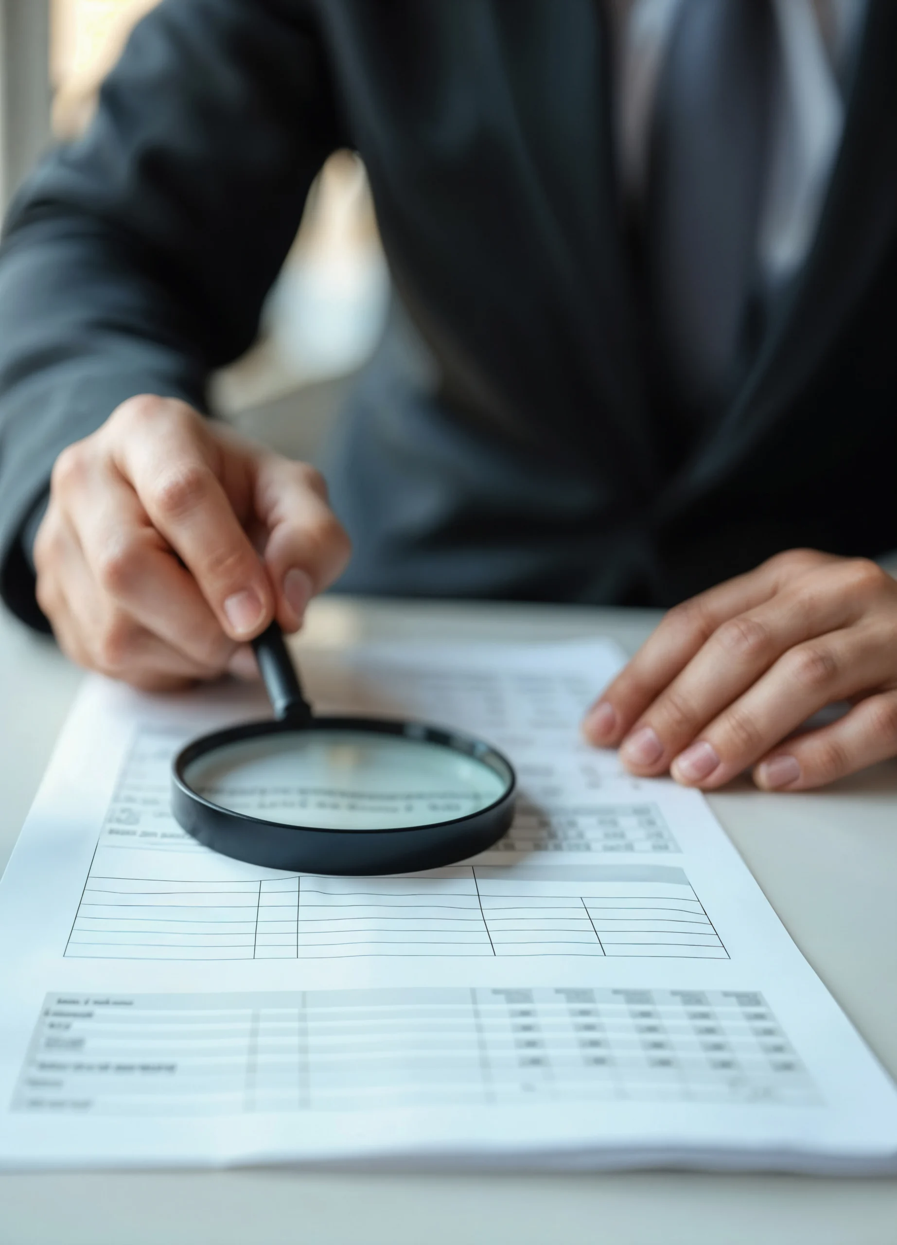 Business professional reviewing financial documents with a magnifying glass, carefully analyzing figures for accuracy and compliance.