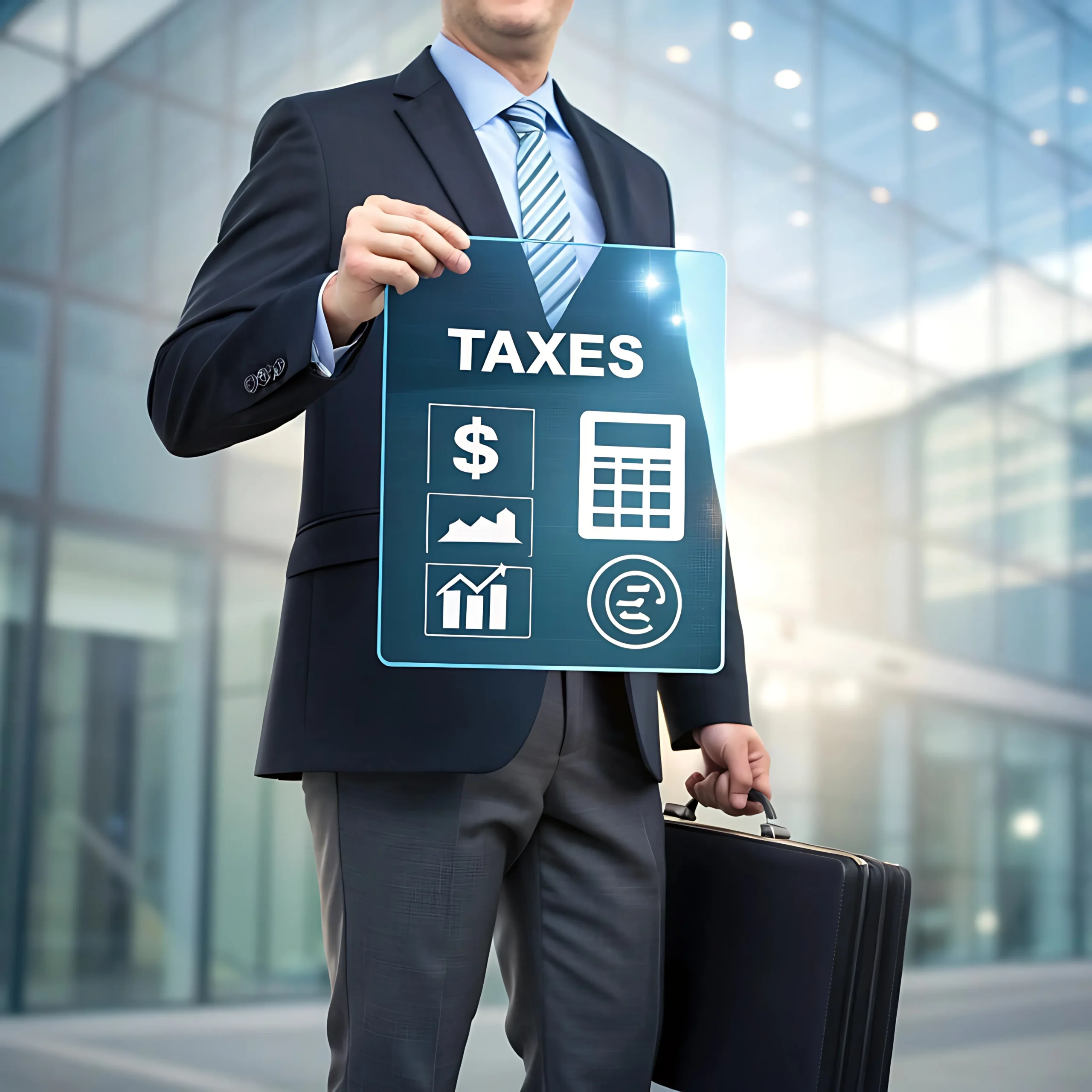 Business professional holding a digital taxes panel with financial icons and briefcase, representing tax planning and advisory services