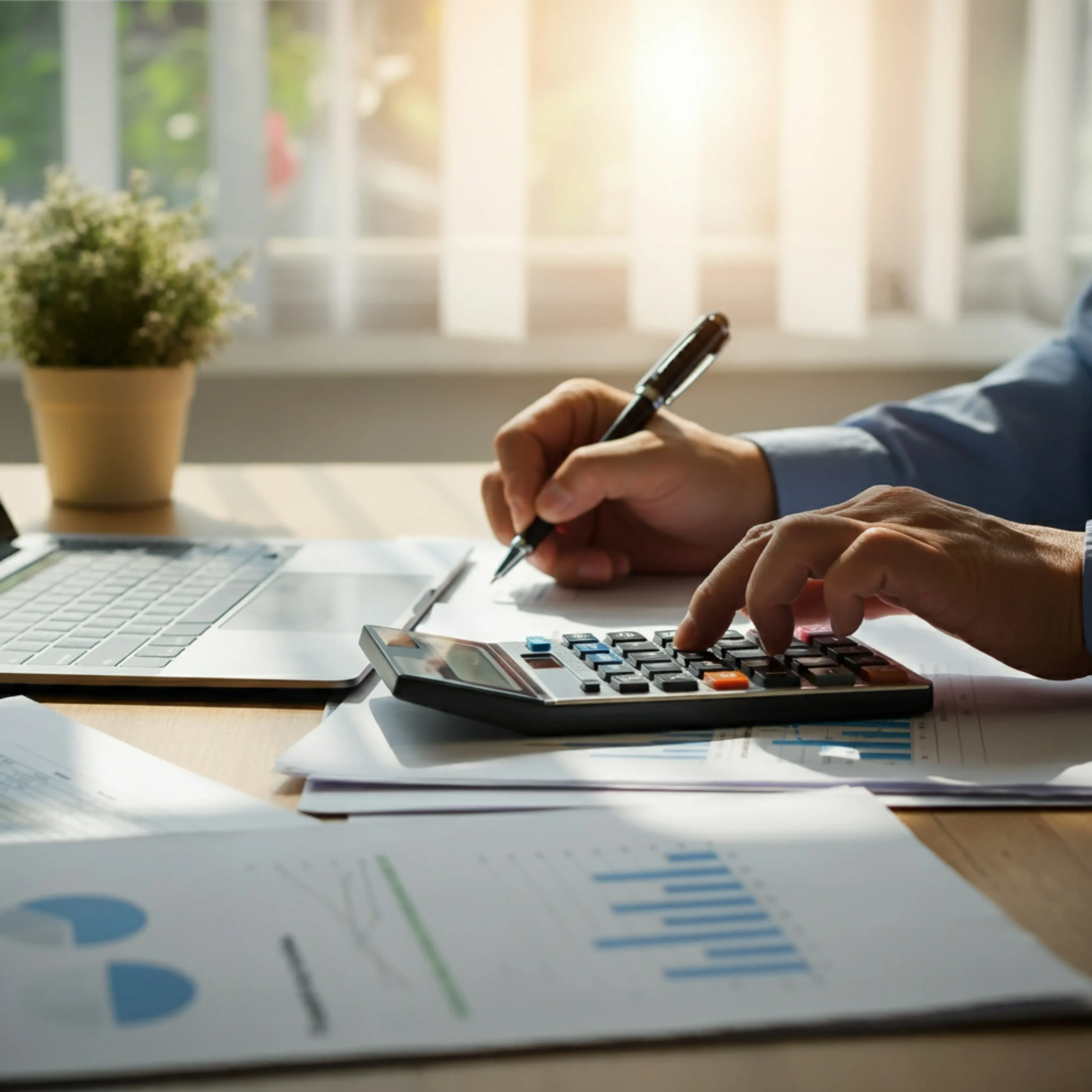 Person calculating finances with calculator and pen beside laptop and reports, reviewing charts and budgeting data at desk home