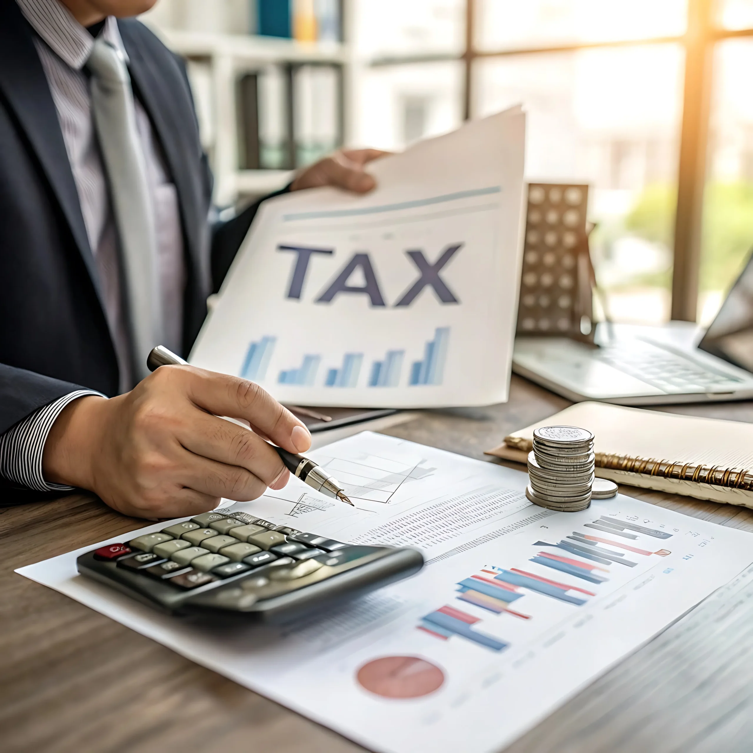 Businessman reviewing tax report with charts using calculator and pc at desk with coins showing financial analysis and taxes