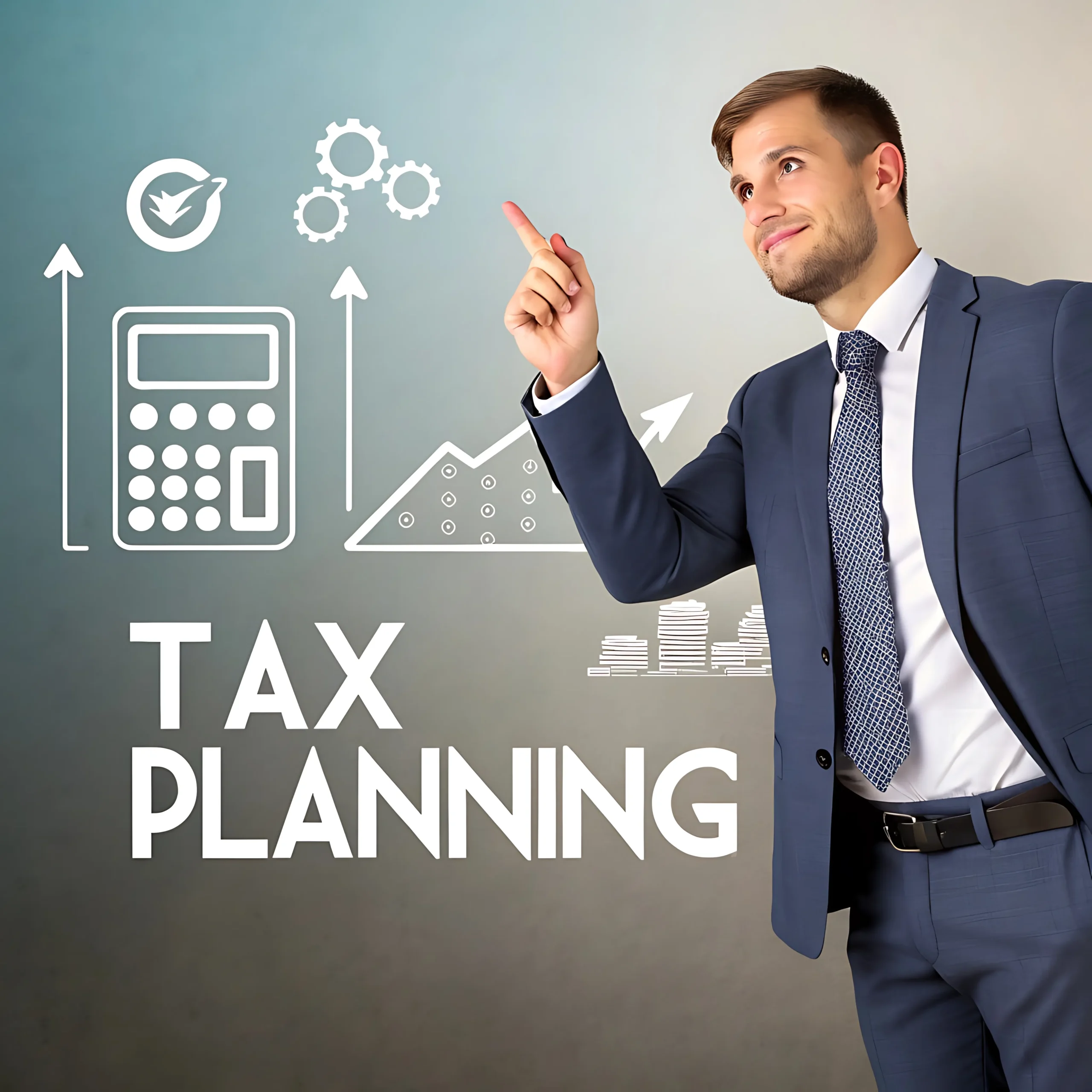 Business professional pointing at tax planning graphics with calculator, charts, and growth icons, representing strategic tax planning services