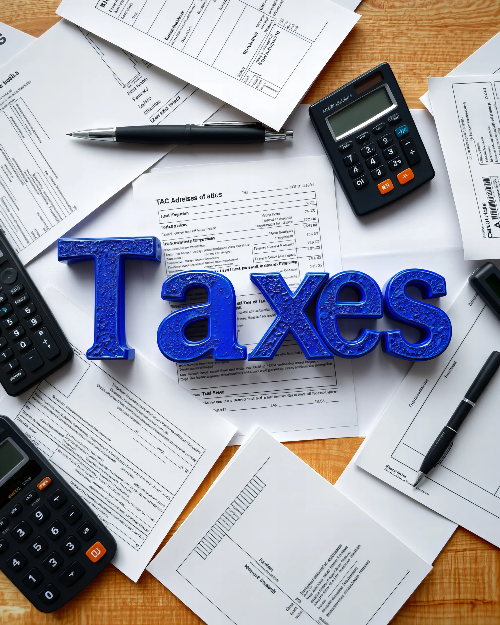 Blue Taxes letters on desk with tax forms calculators and pen, showing paperwork, accounting tools and financial review scene