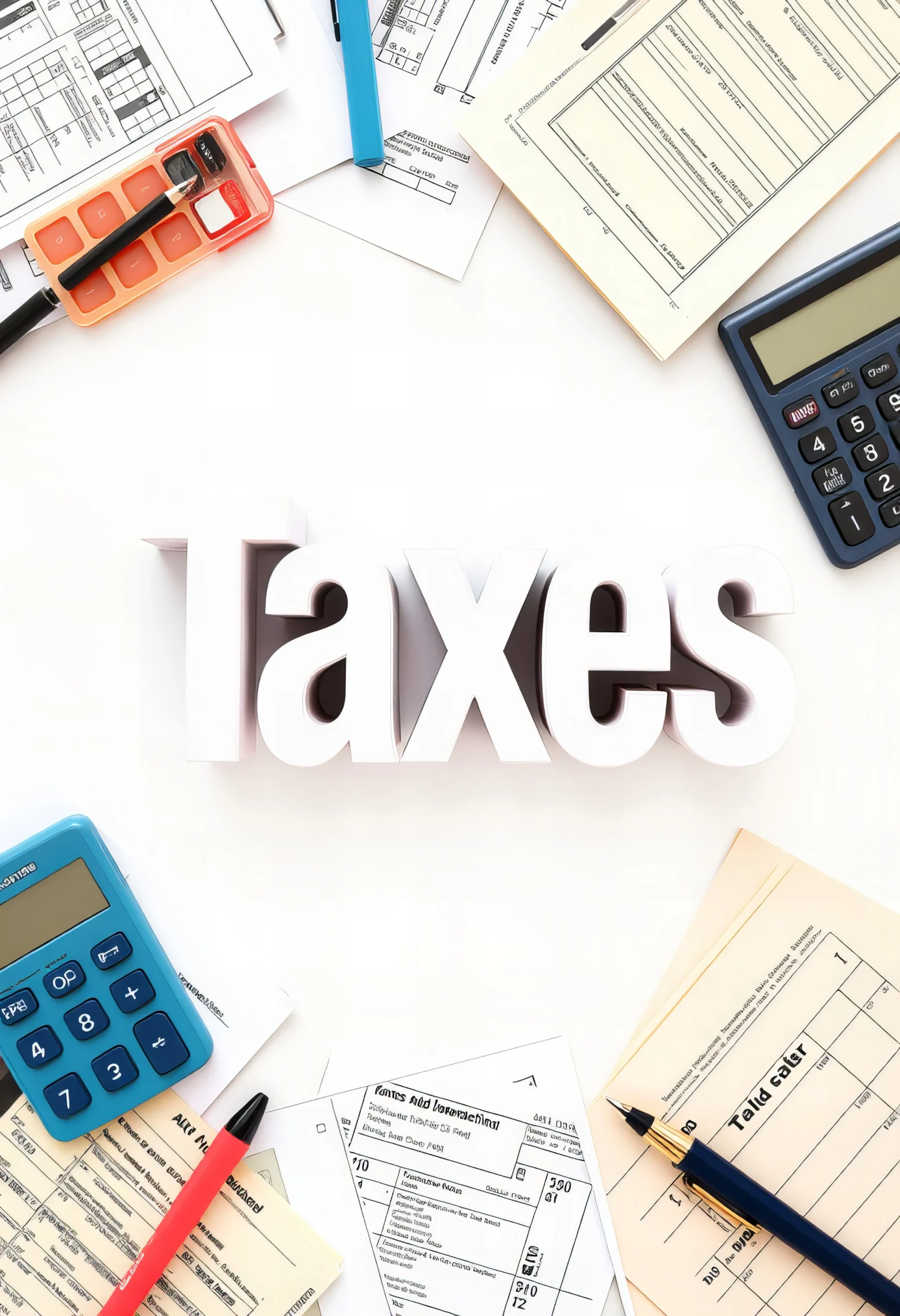 Taxes text surrounded by tax forms, calculators, pens, and documents on a white desk, representing tax preparation and filing.